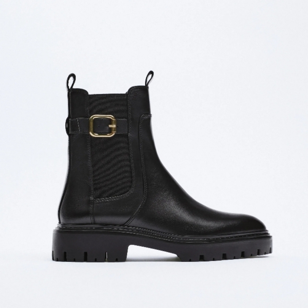 ZARA black leather buckle ankle boots size 7.5 - Picture 3 of 11